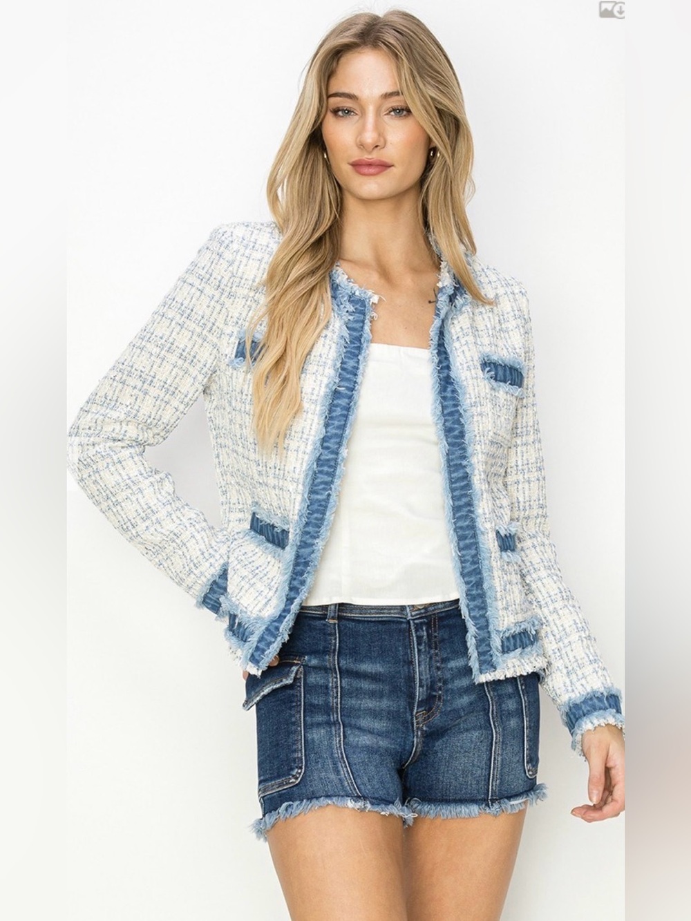 Risen Ivory and Light Blue Tweed Fringe Open-Front  TWEED BLAZER JACKET